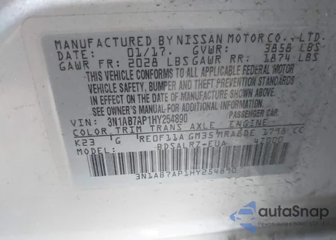 2017 Nissan Sentra Sr from USA, damaged, VIN 3N1AB7AP1HY254890